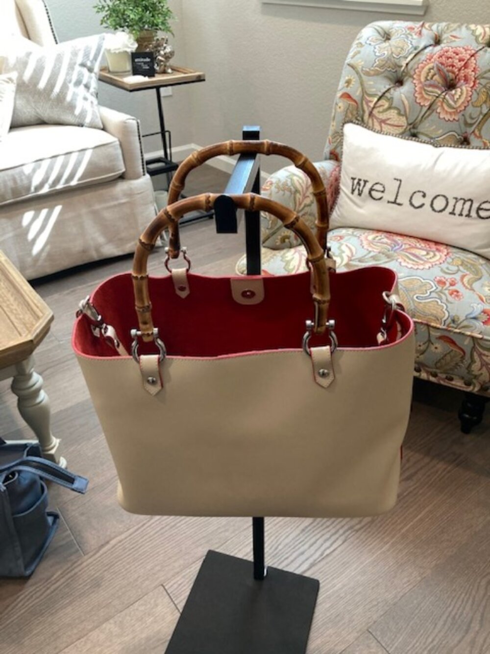 Bamboo Handle Tote - Genuine Leather and Suede Interior